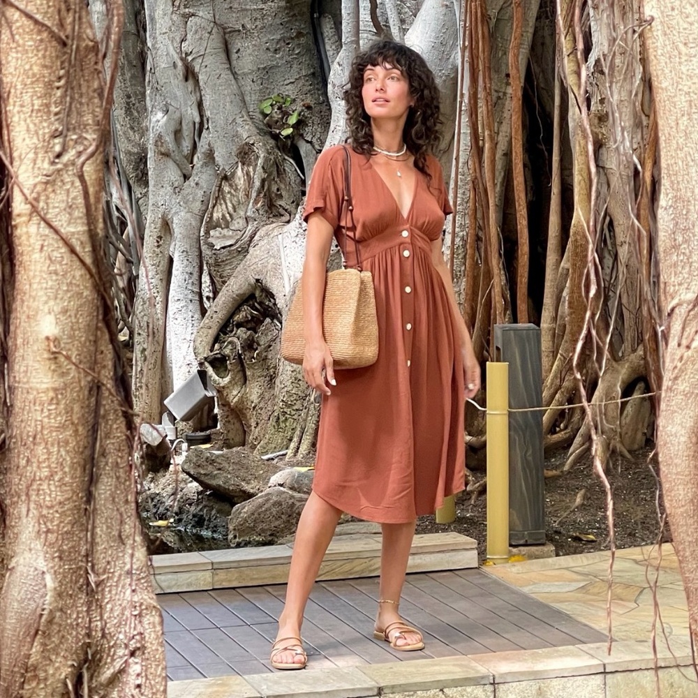 The Normal Brand Deep V Button Thru Dress in Clay